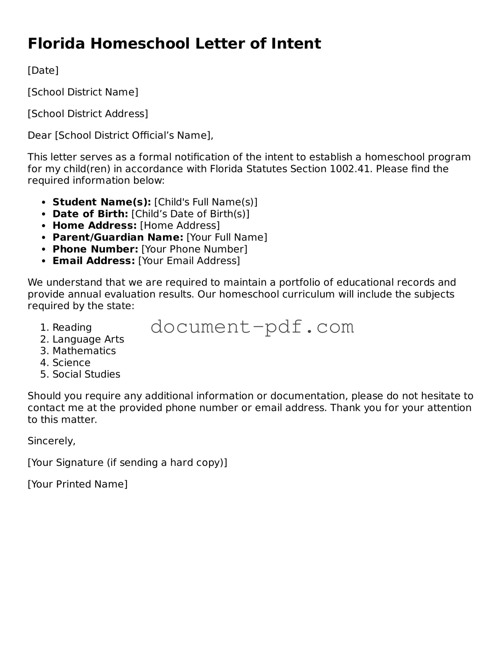 Attorney-Verified Florida Homeschool Letter of Intent Template