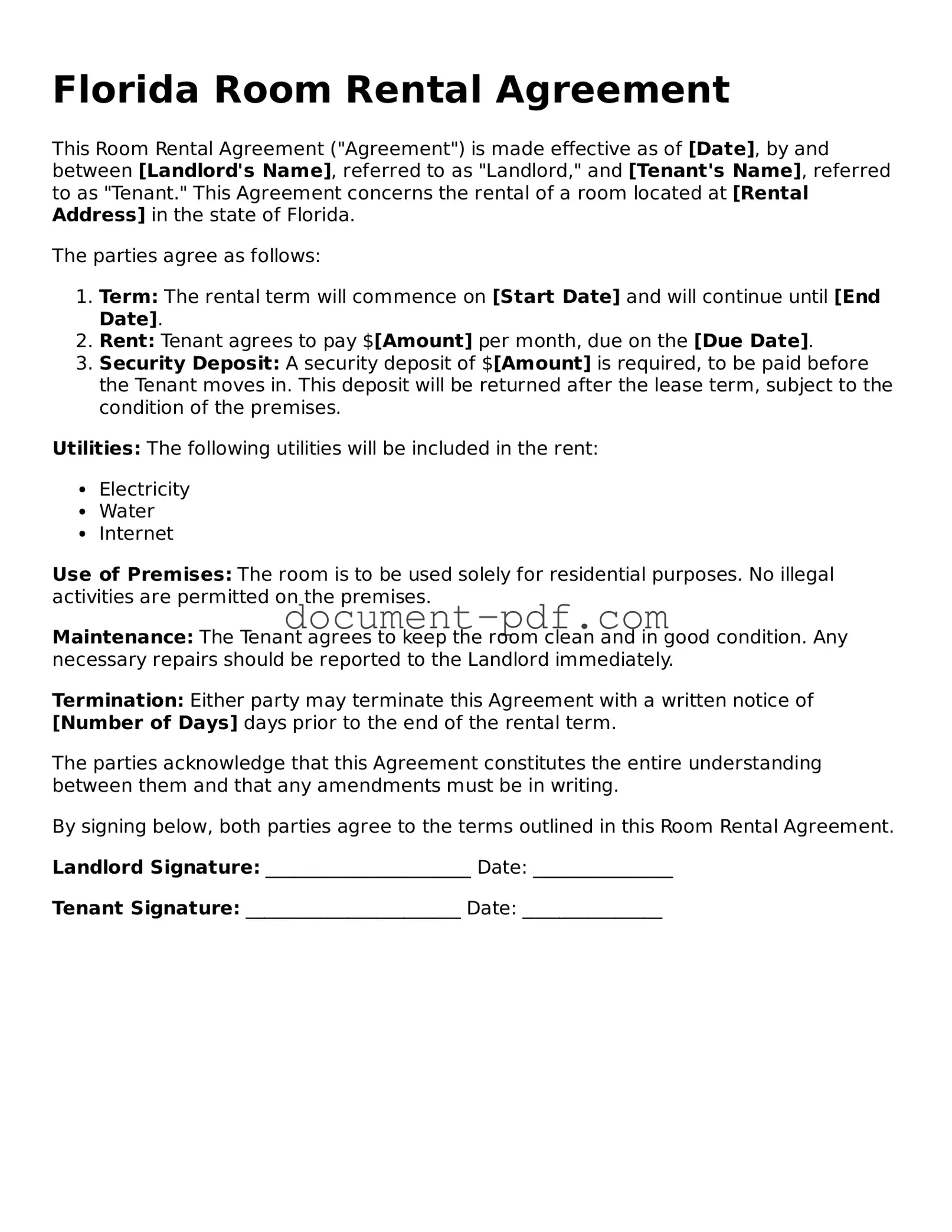 Attorney-Verified Florida Room Rental Agreement Template