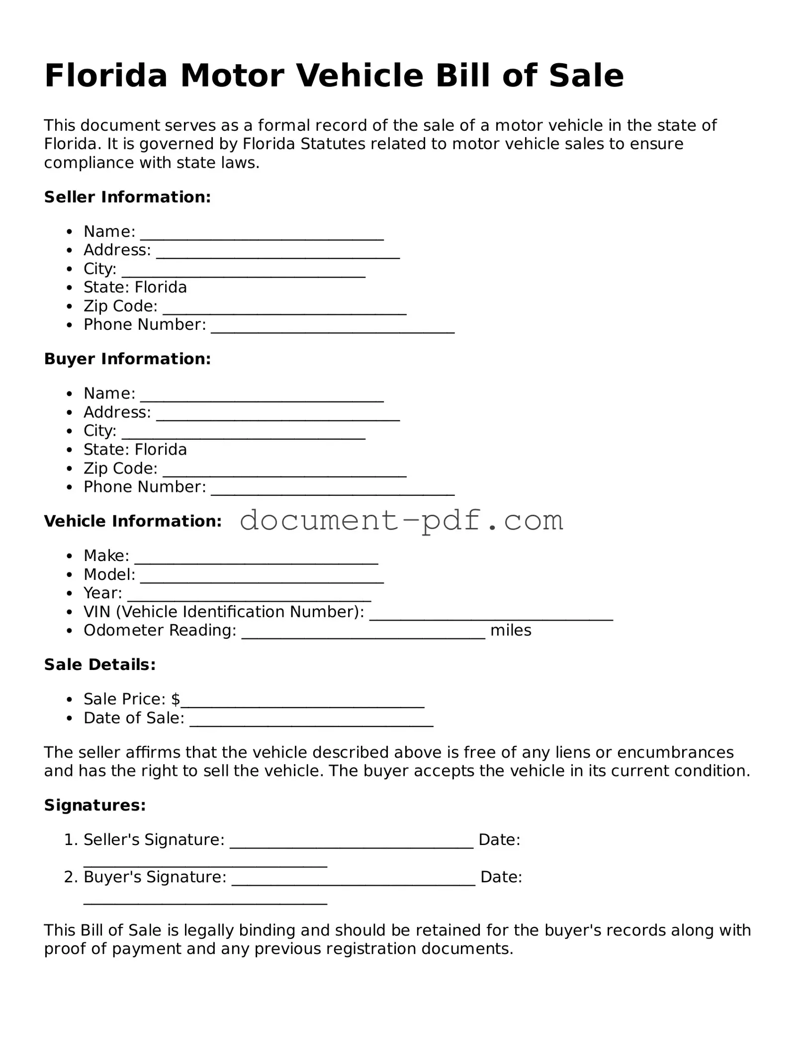 Attorney-Verified Florida Motor Vehicle Bill of Sale Template