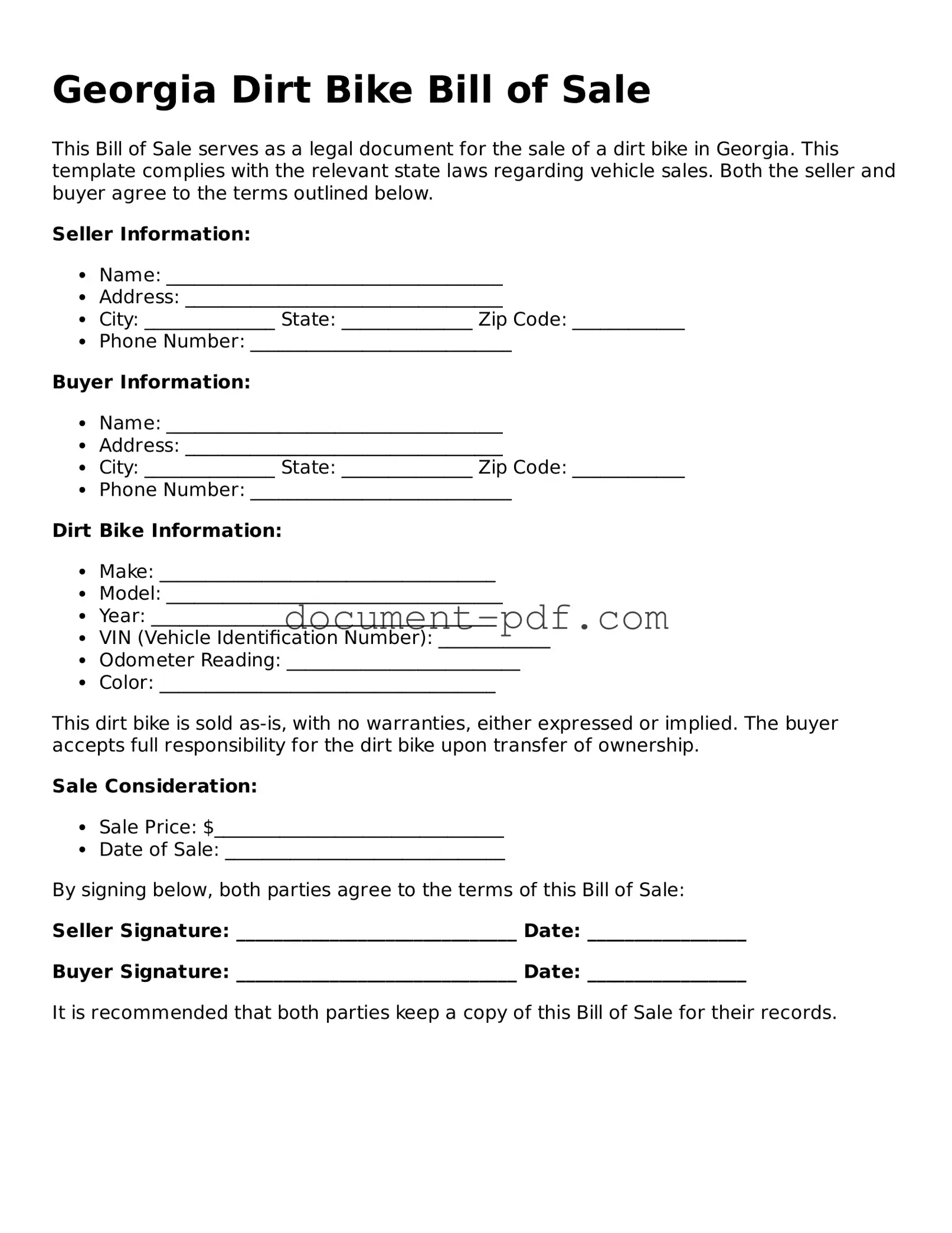 Attorney-Verified Georgia Dirt Bike Bill of Sale Template