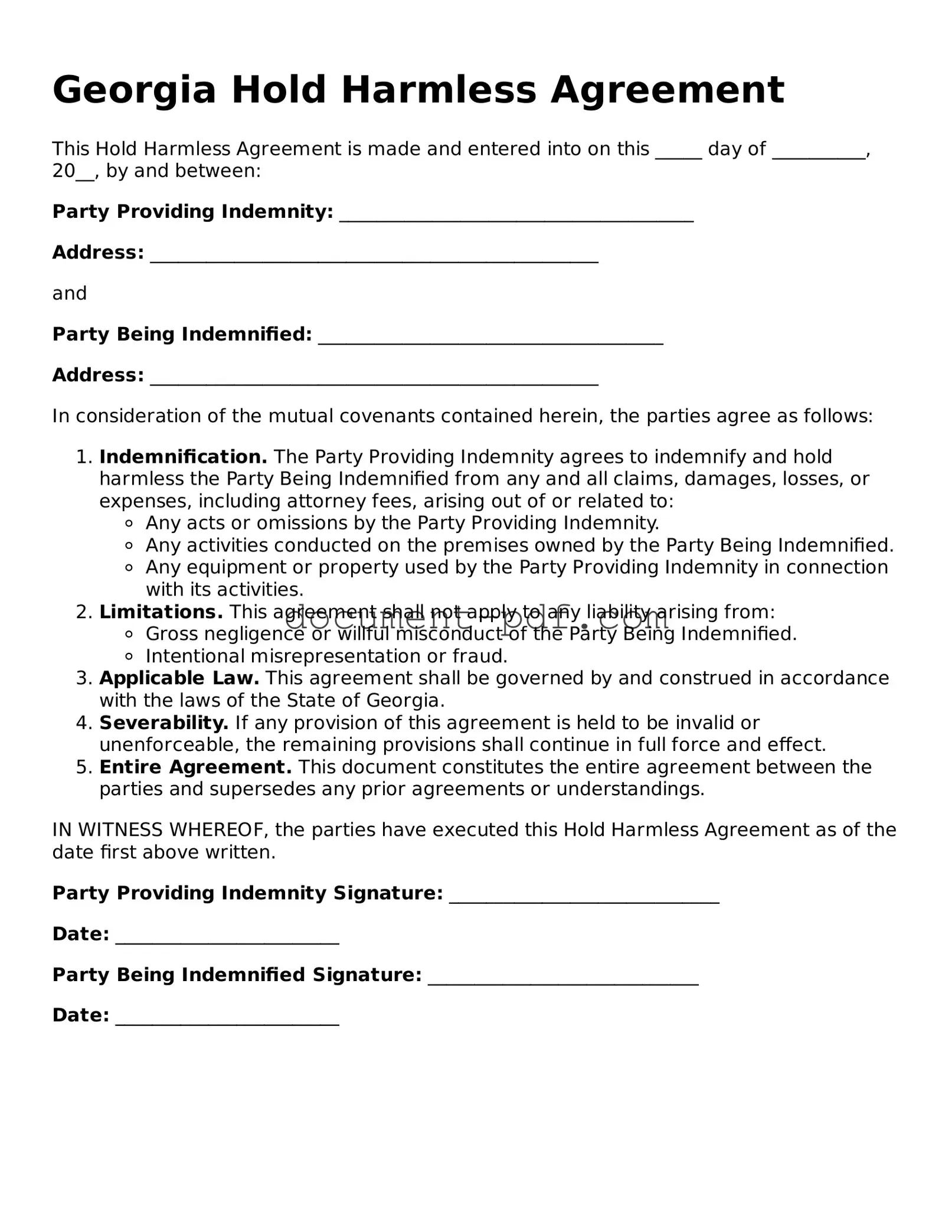 Attorney-Verified Georgia Hold Harmless Agreement Template