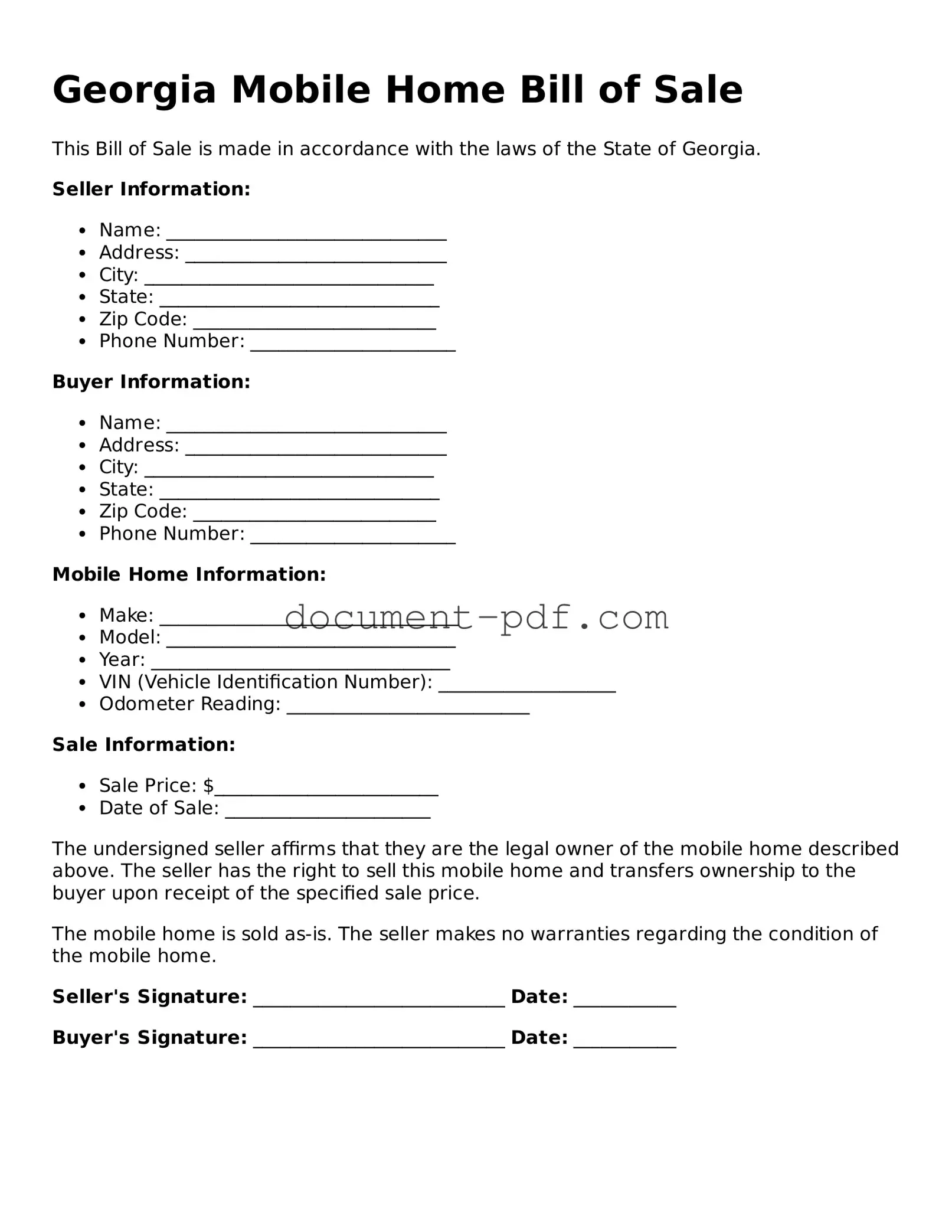 Attorney-Verified Georgia Mobile Home Bill of Sale Template
