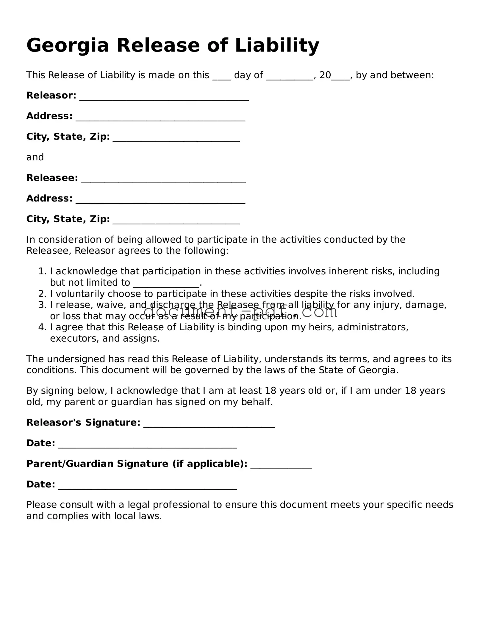 Attorney-Verified Georgia Release of Liability Template