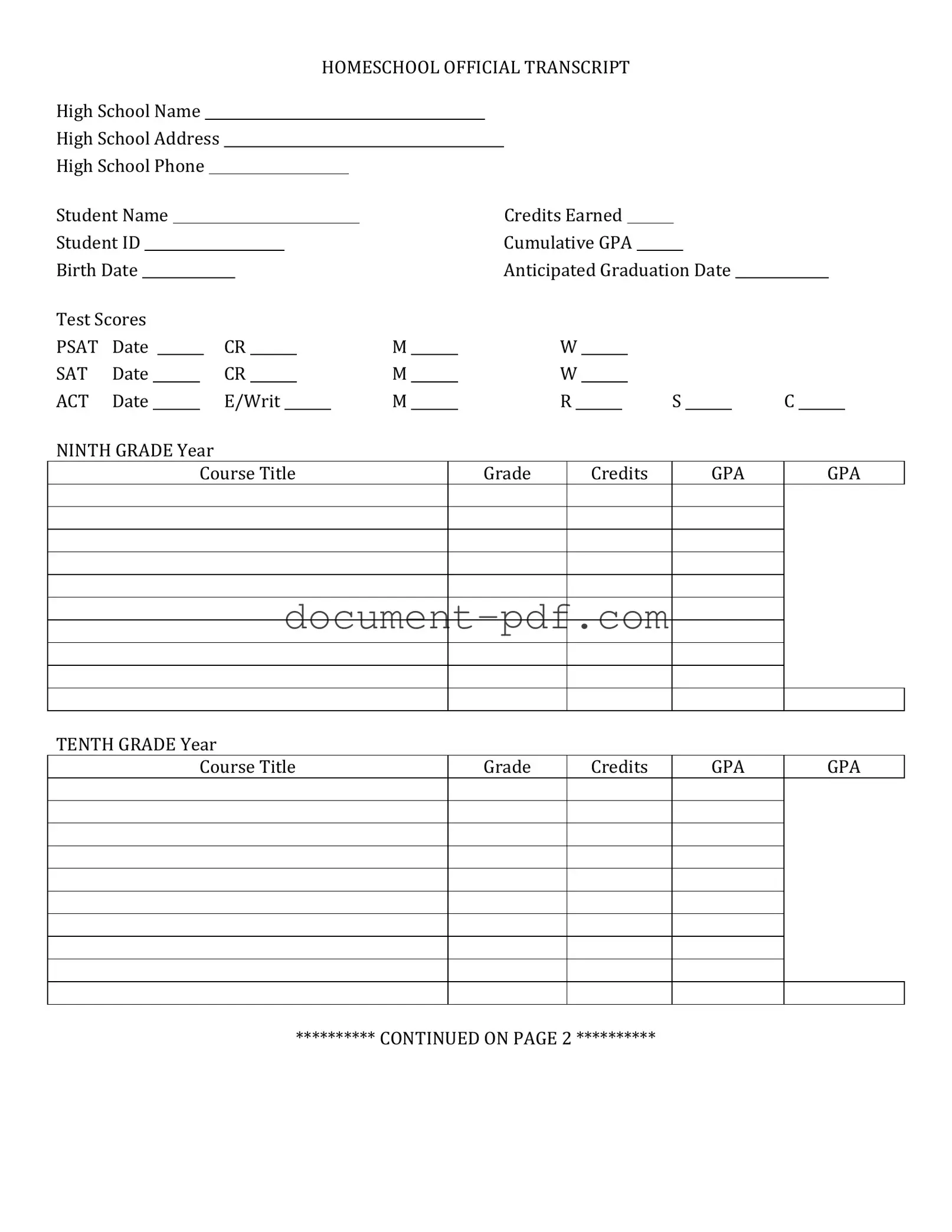 Blank High School Transcript PDF Form