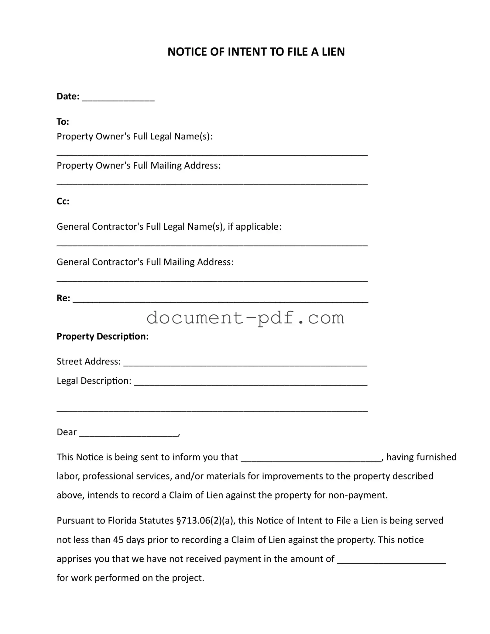 Blank Intent To Lien Florida PDF Form