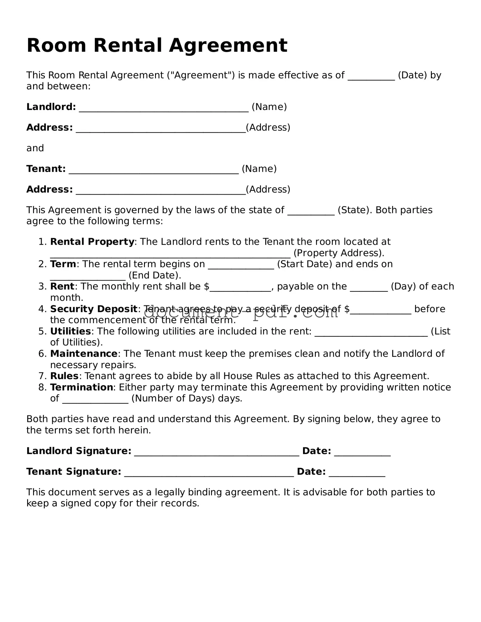 Attorney-Approved Room Rental Agreement Document