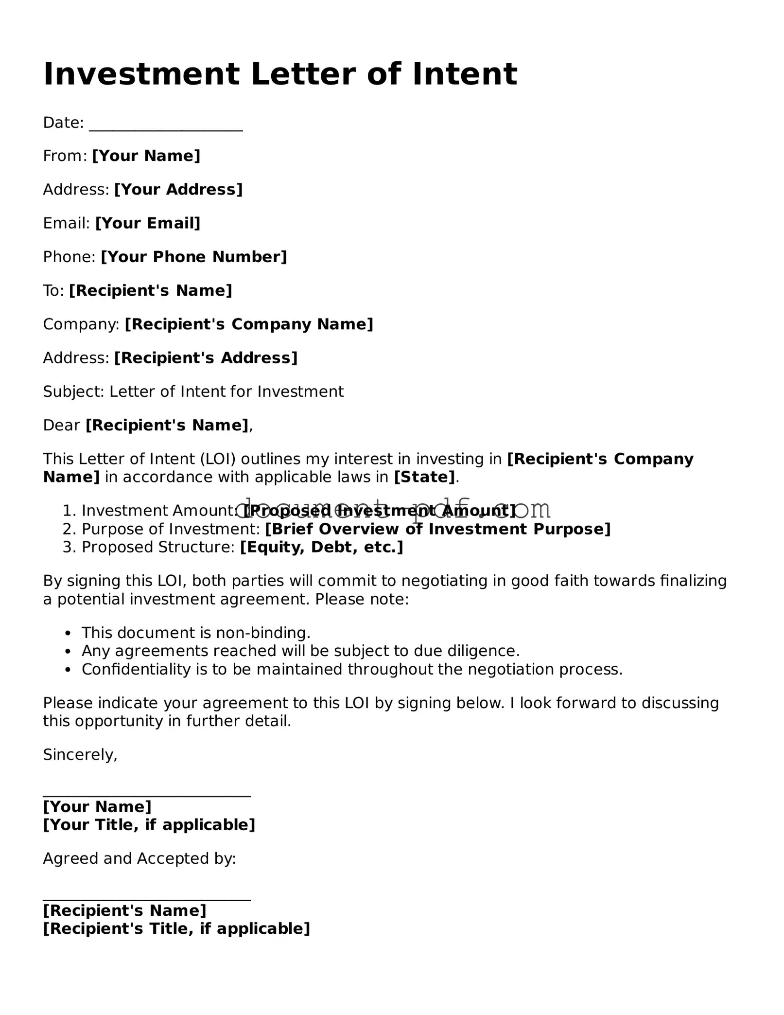 Attorney-Approved Investment Letter of Intent Document