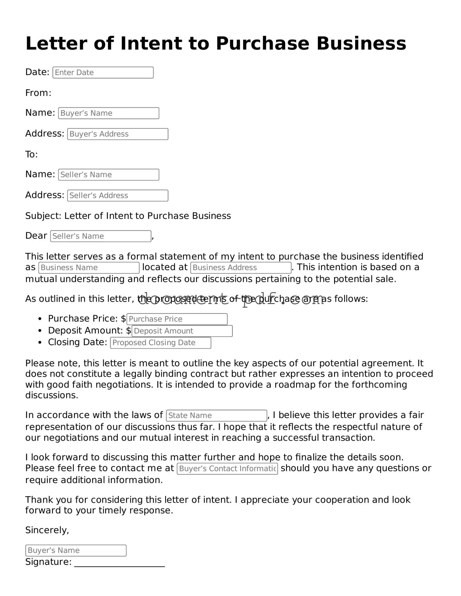Attorney-Approved Letter of Intent to Purchase Business Document