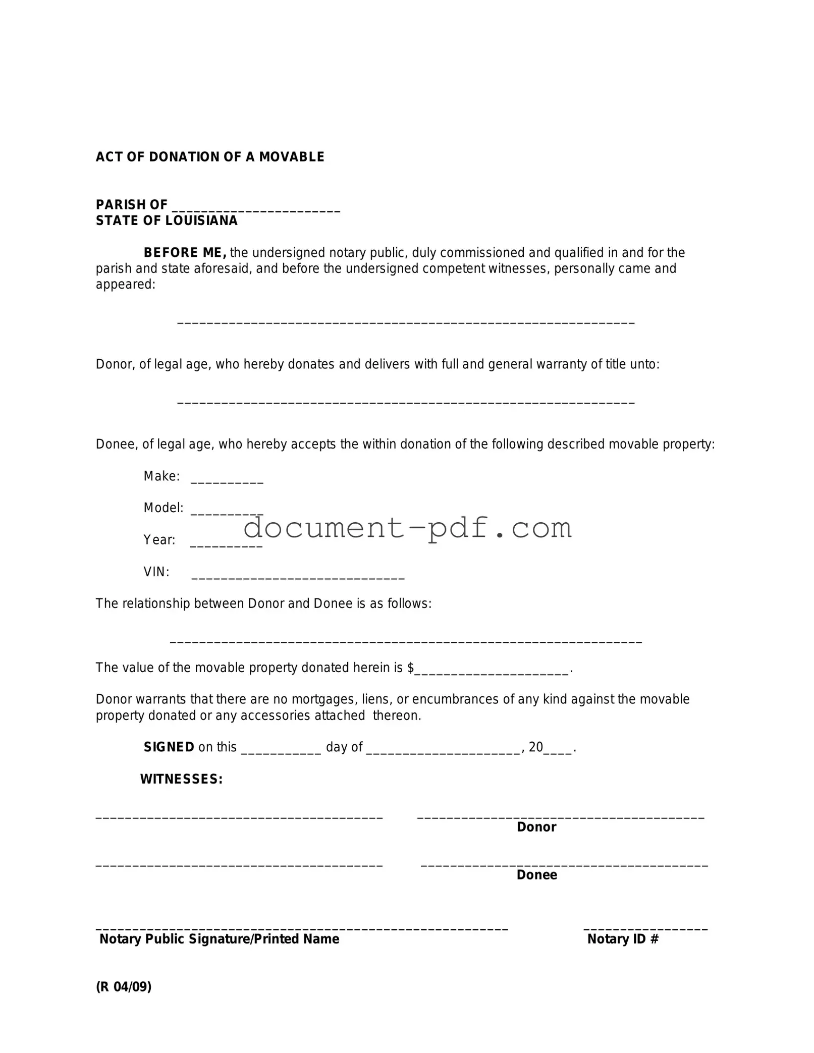Blank Louisiana act of donation PDF Form