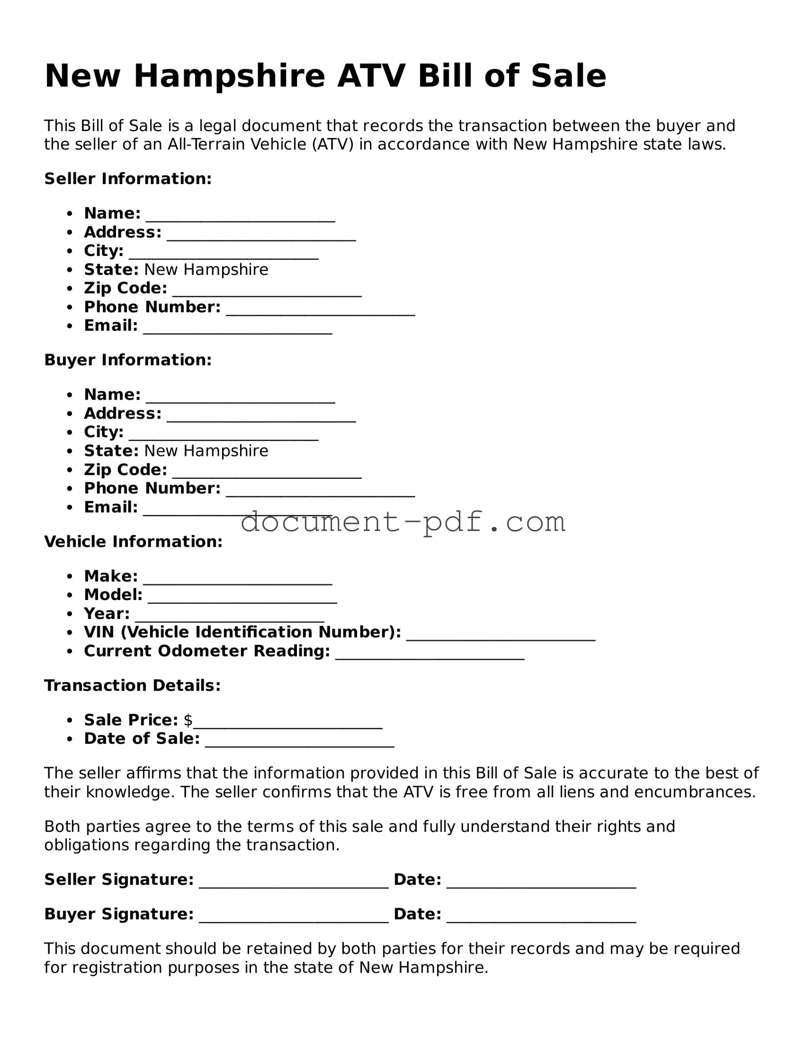 Attorney-Verified New Hampshire ATV Bill of Sale Template