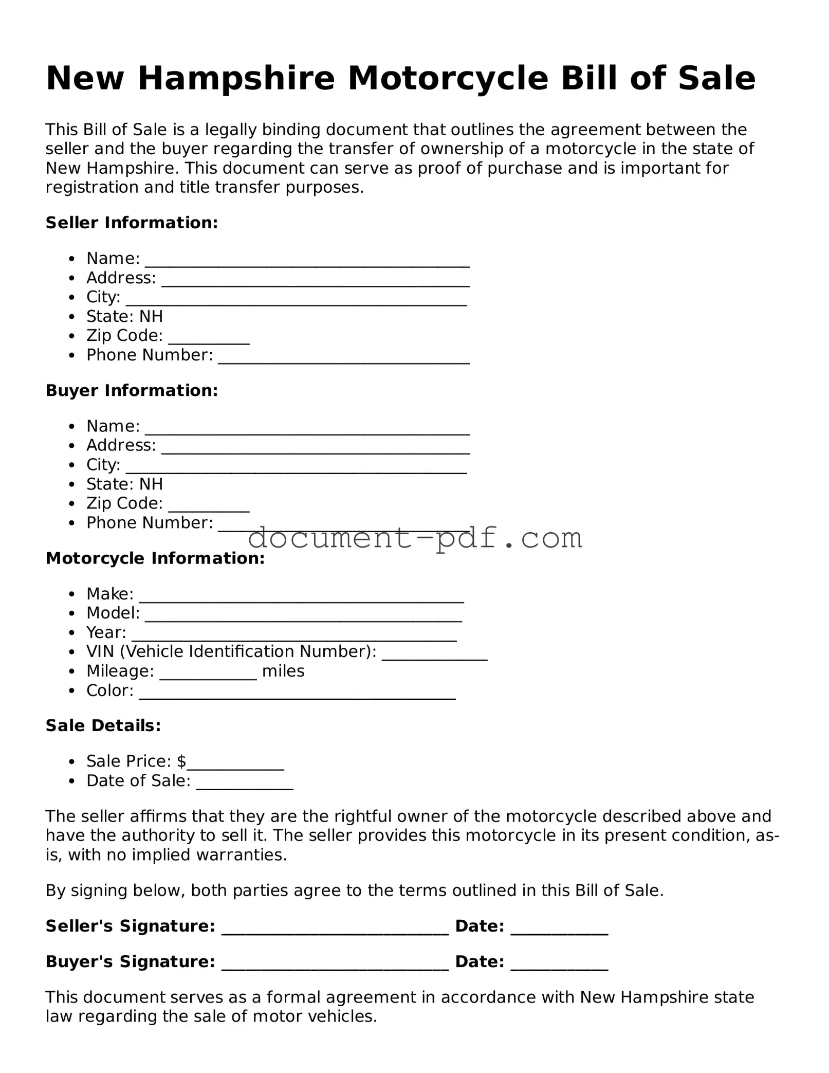 Attorney-Verified New Hampshire Motorcycle Bill of Sale Template