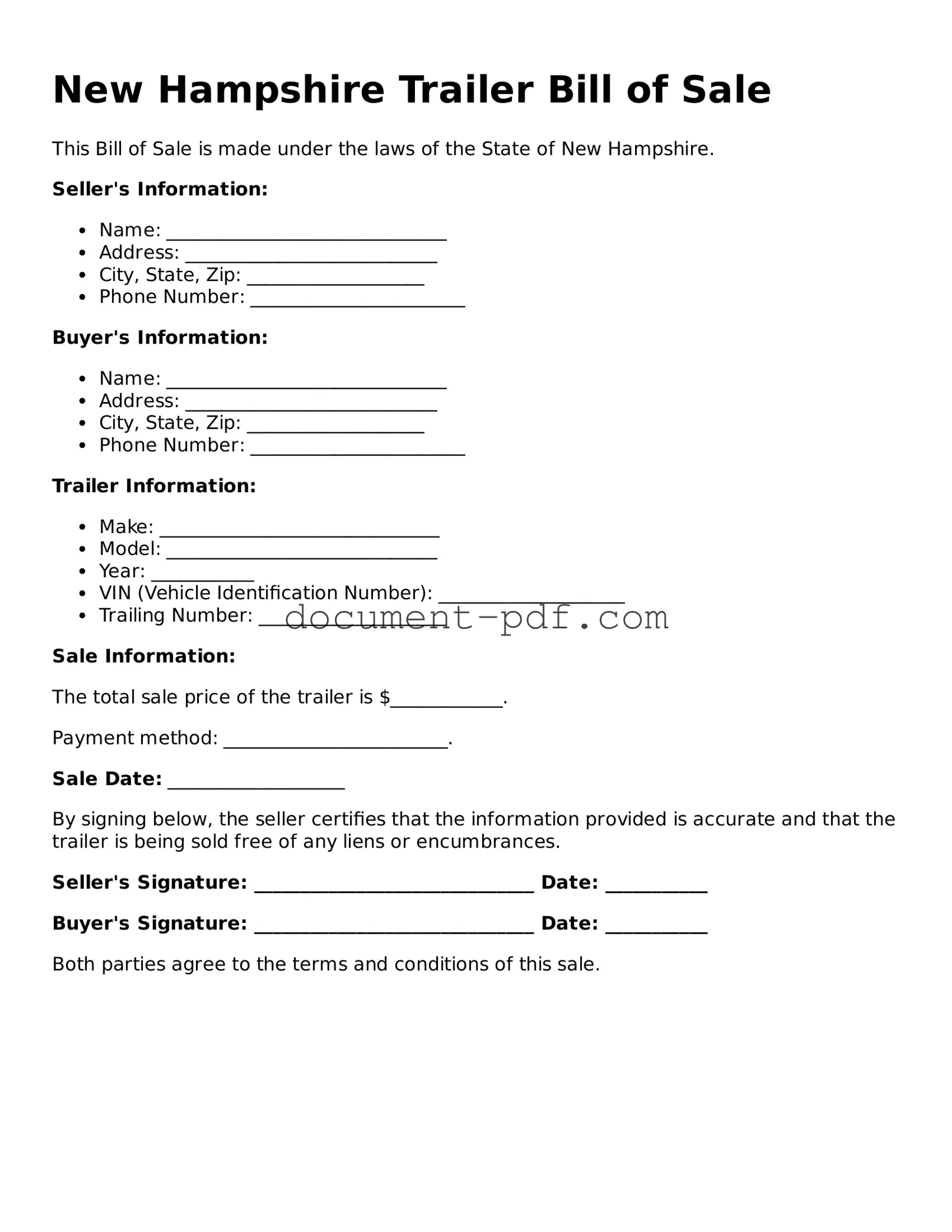 Attorney-Verified New Hampshire Trailer Bill of Sale Template