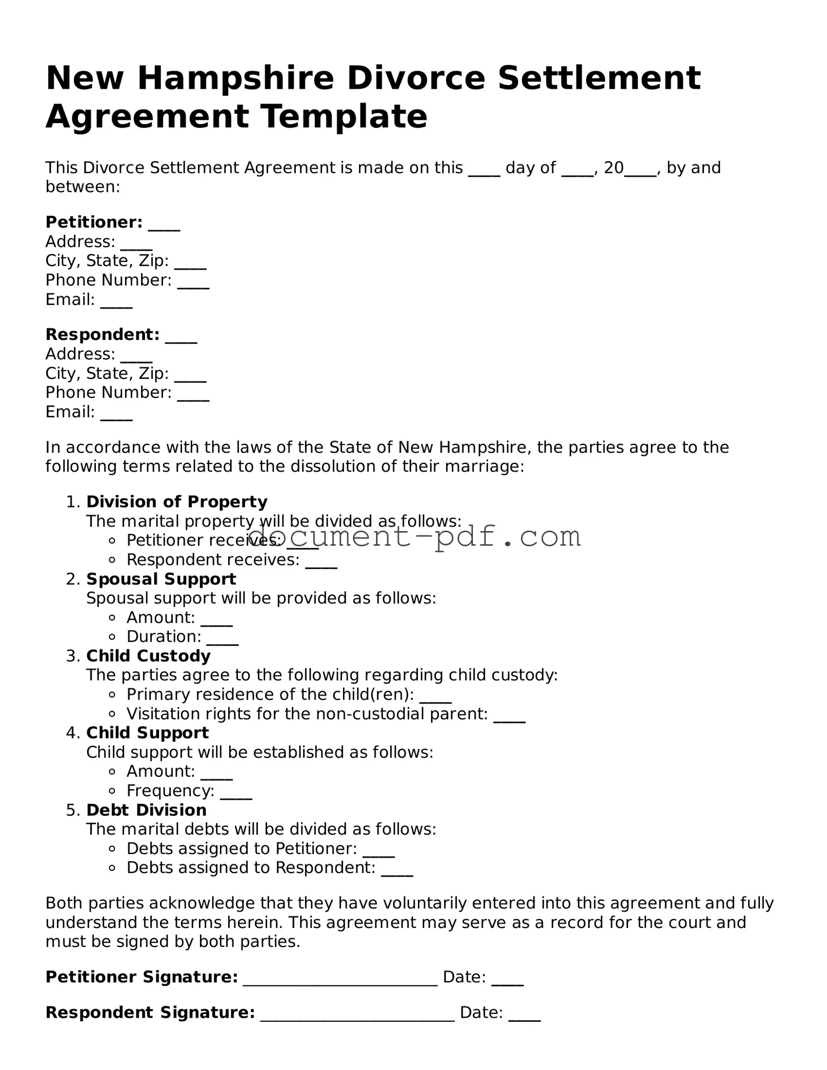 Attorney-Verified New Hampshire Divorce Settlement Agreement Template