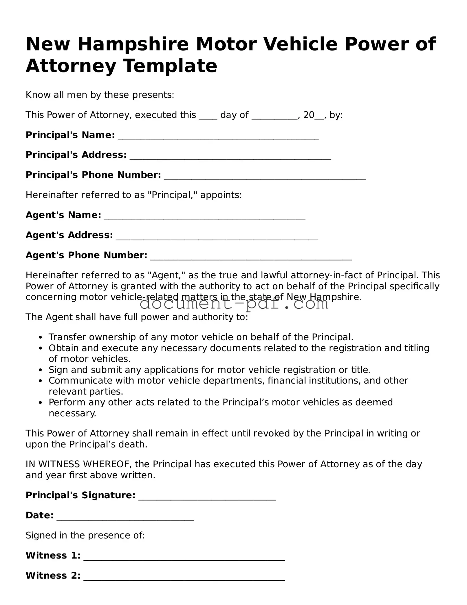 Attorney-Verified New Hampshire Motor Vehicle Power of Attorney Template