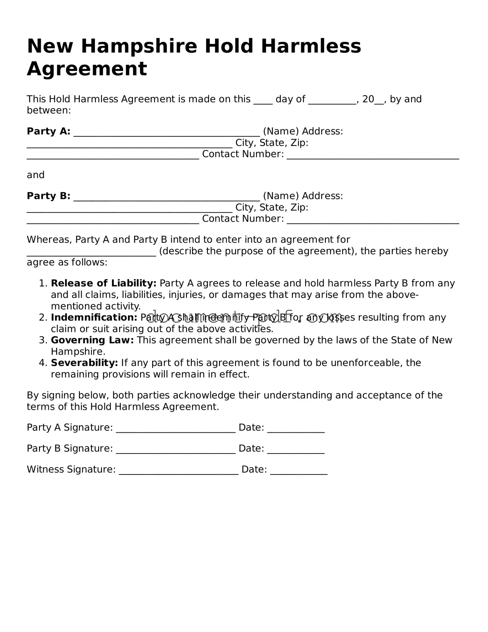 Attorney-Verified New Hampshire Hold Harmless Agreement Template