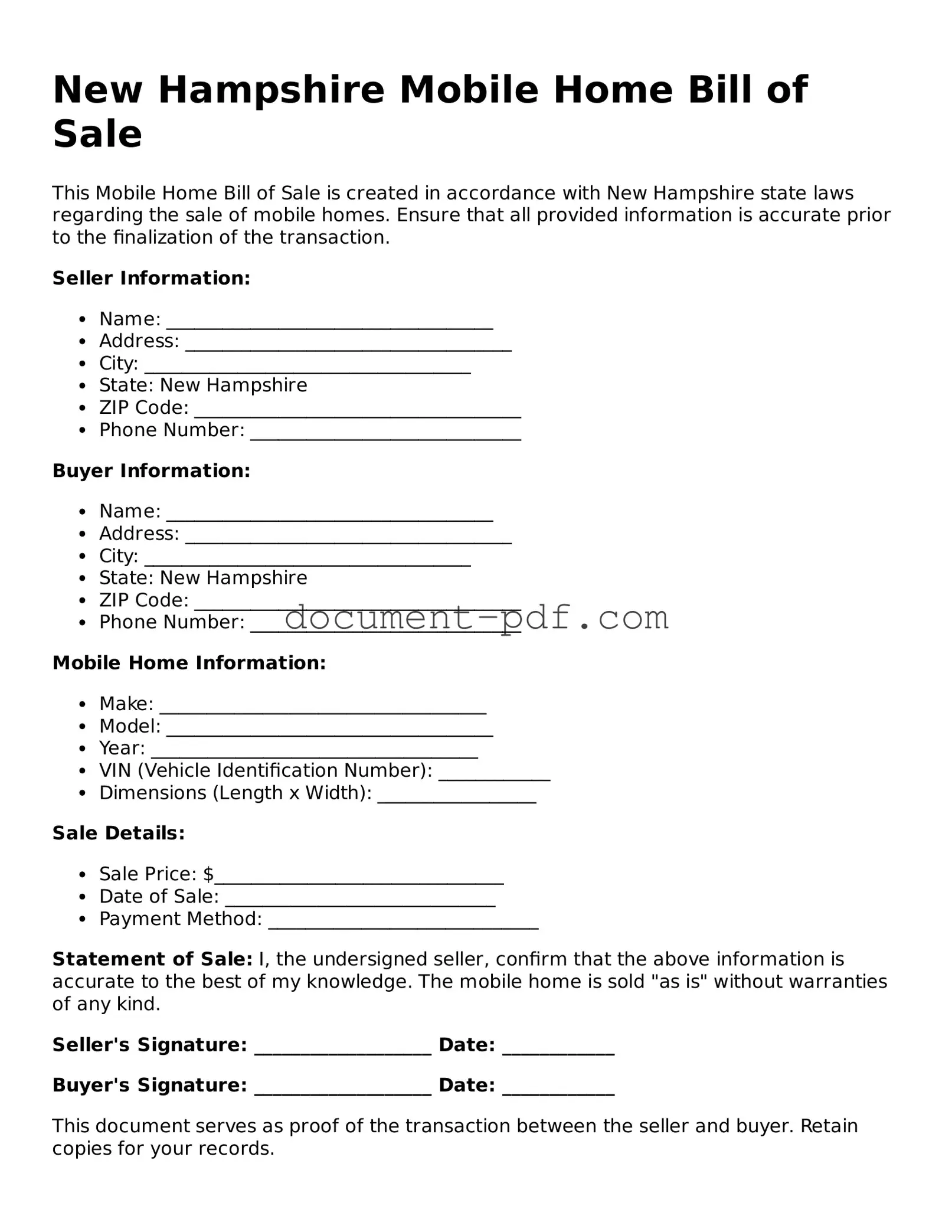 Attorney-Verified New Hampshire Mobile Home Bill of Sale Template
