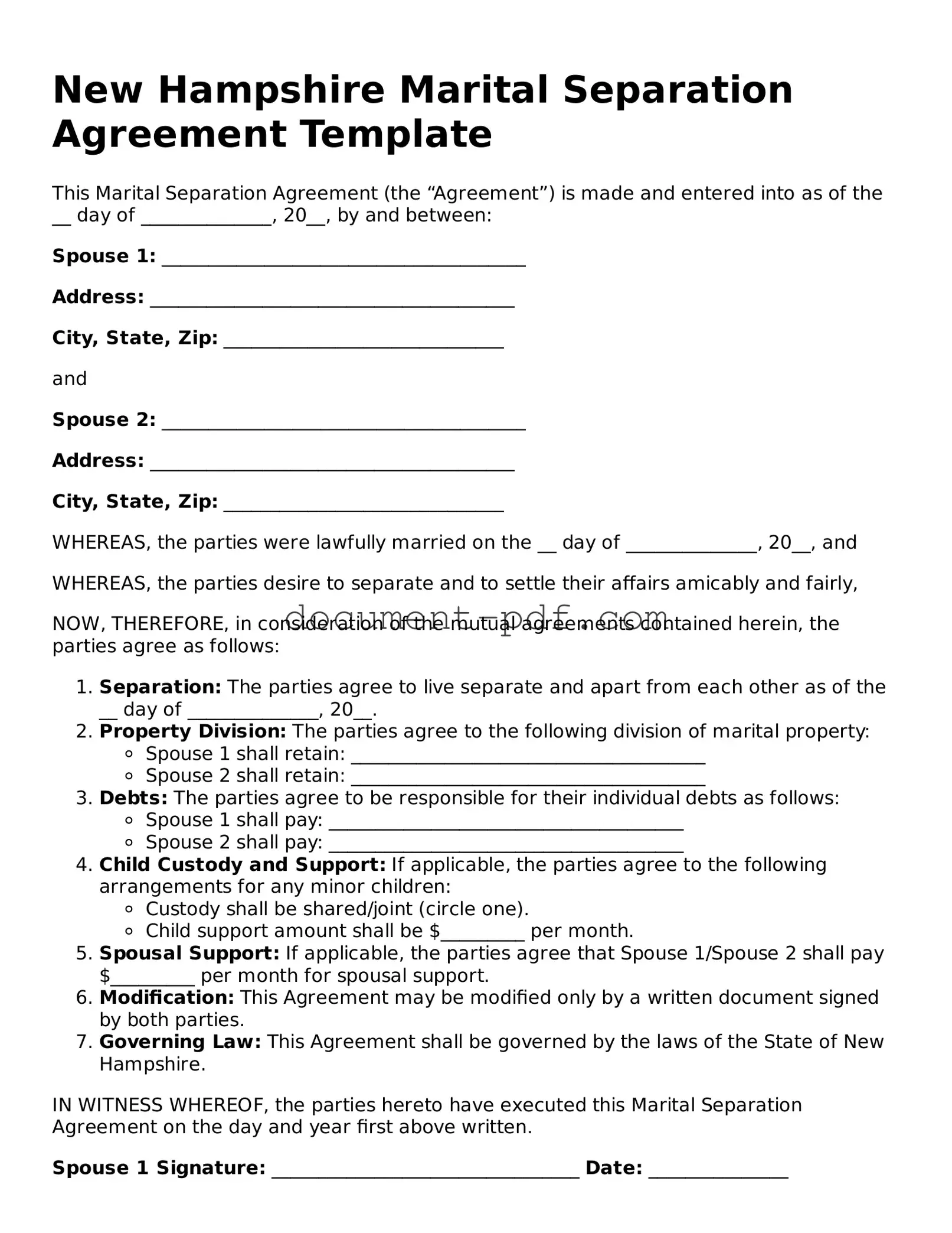 Attorney-Verified New Hampshire Marital Separation Agreement Template