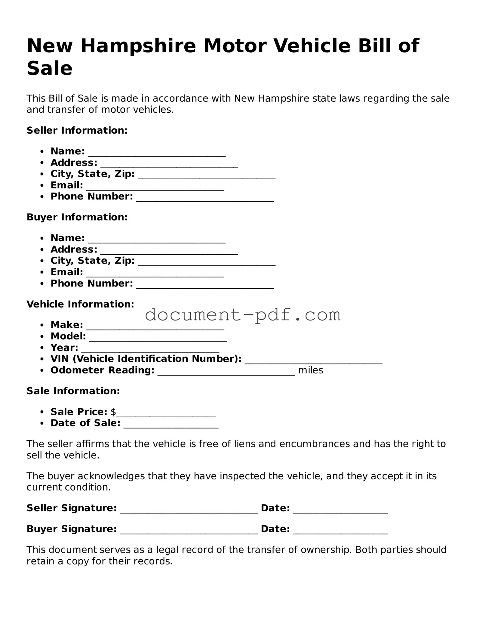 Attorney-Verified New Hampshire Motor Vehicle Bill of Sale Template