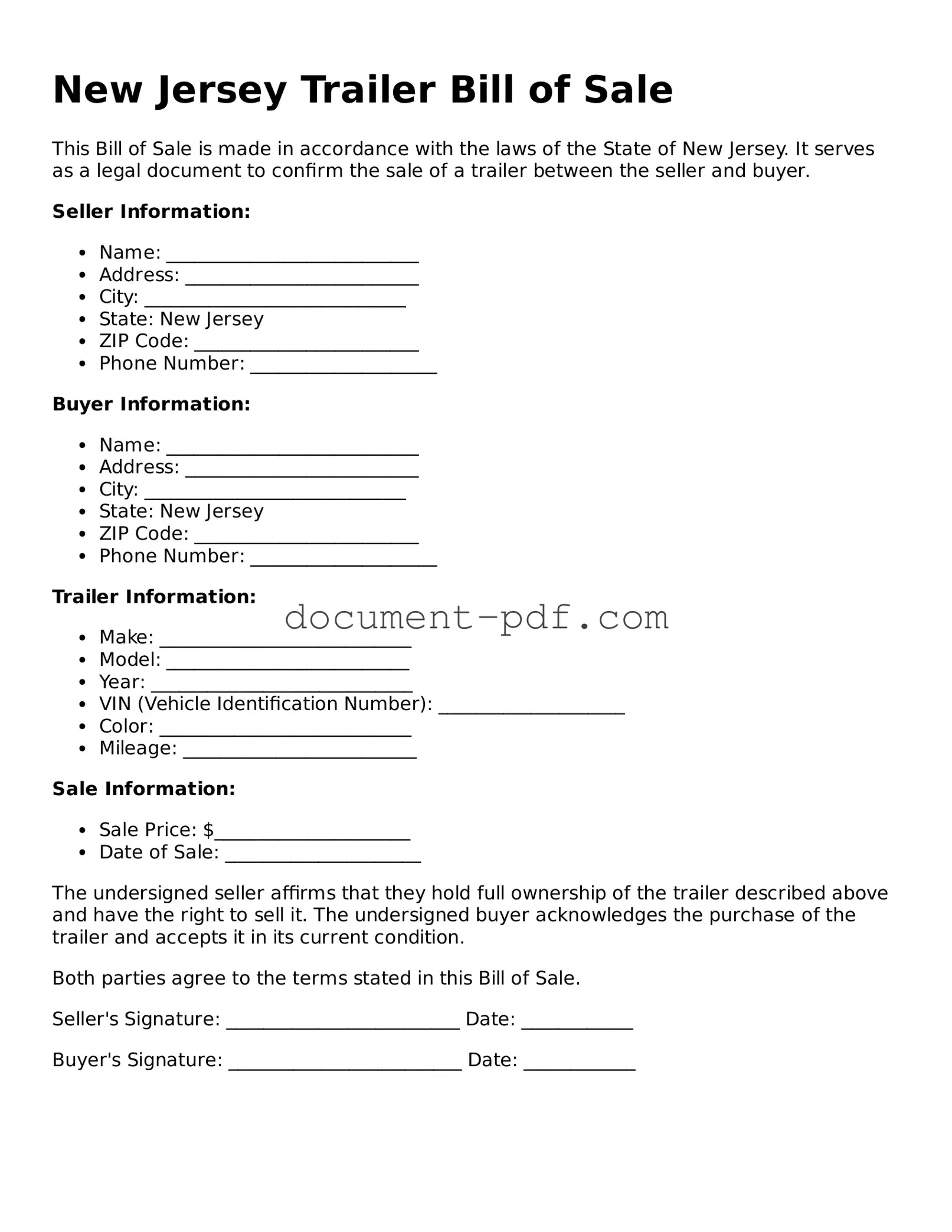 Attorney-Verified New Jersey Trailer Bill of Sale Template