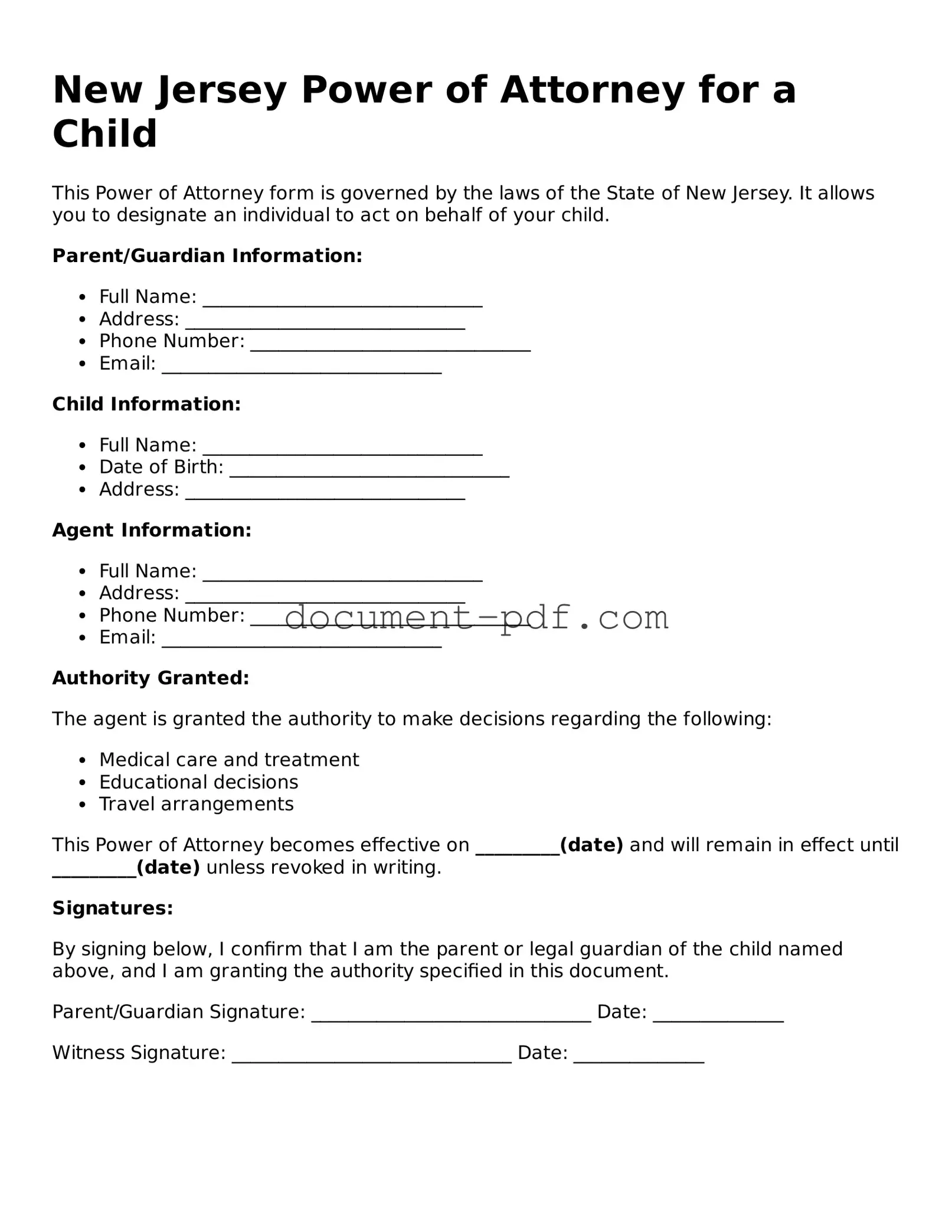 Attorney-Verified New Jersey Power of Attorney for a Child Template