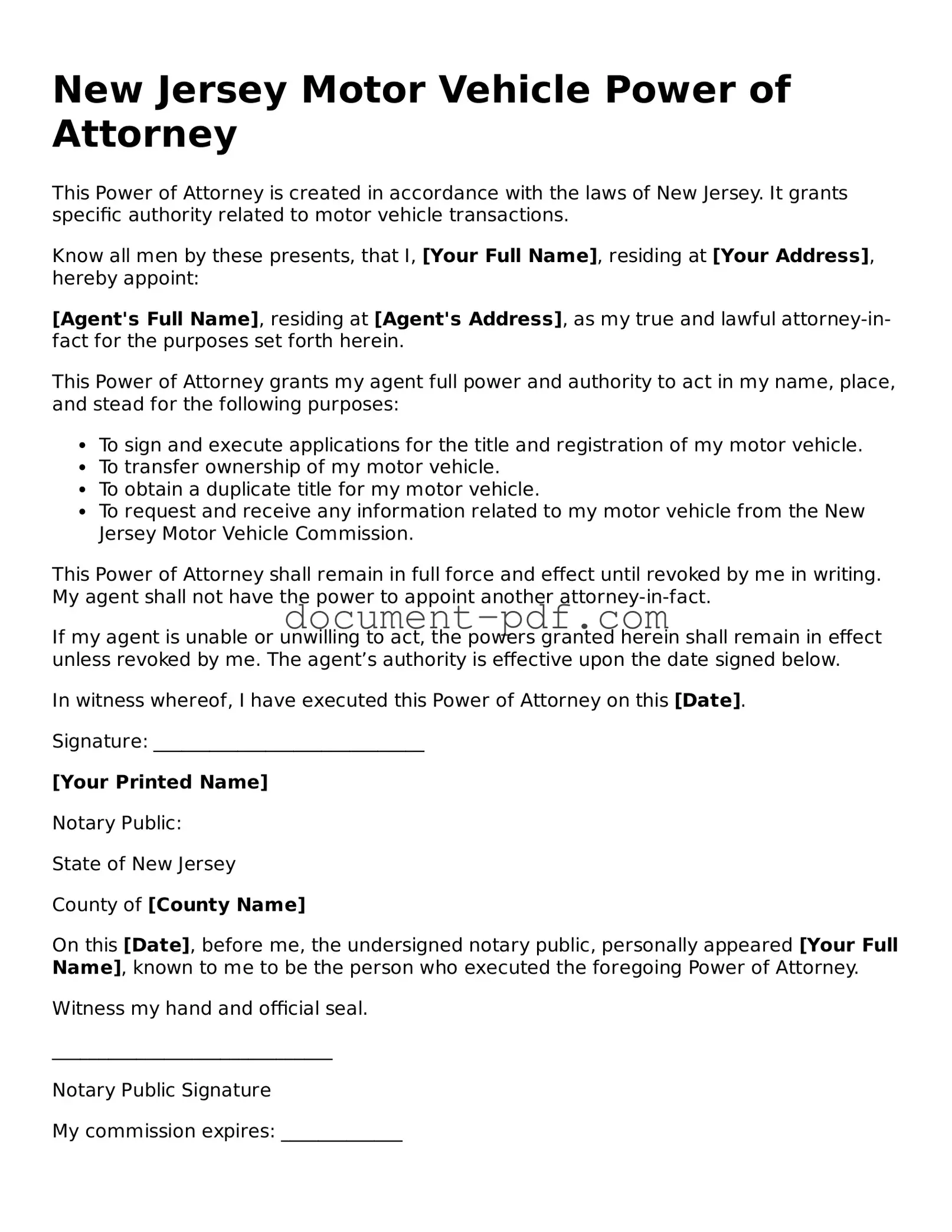 Attorney-Verified New Jersey Motor Vehicle Power of Attorney Template