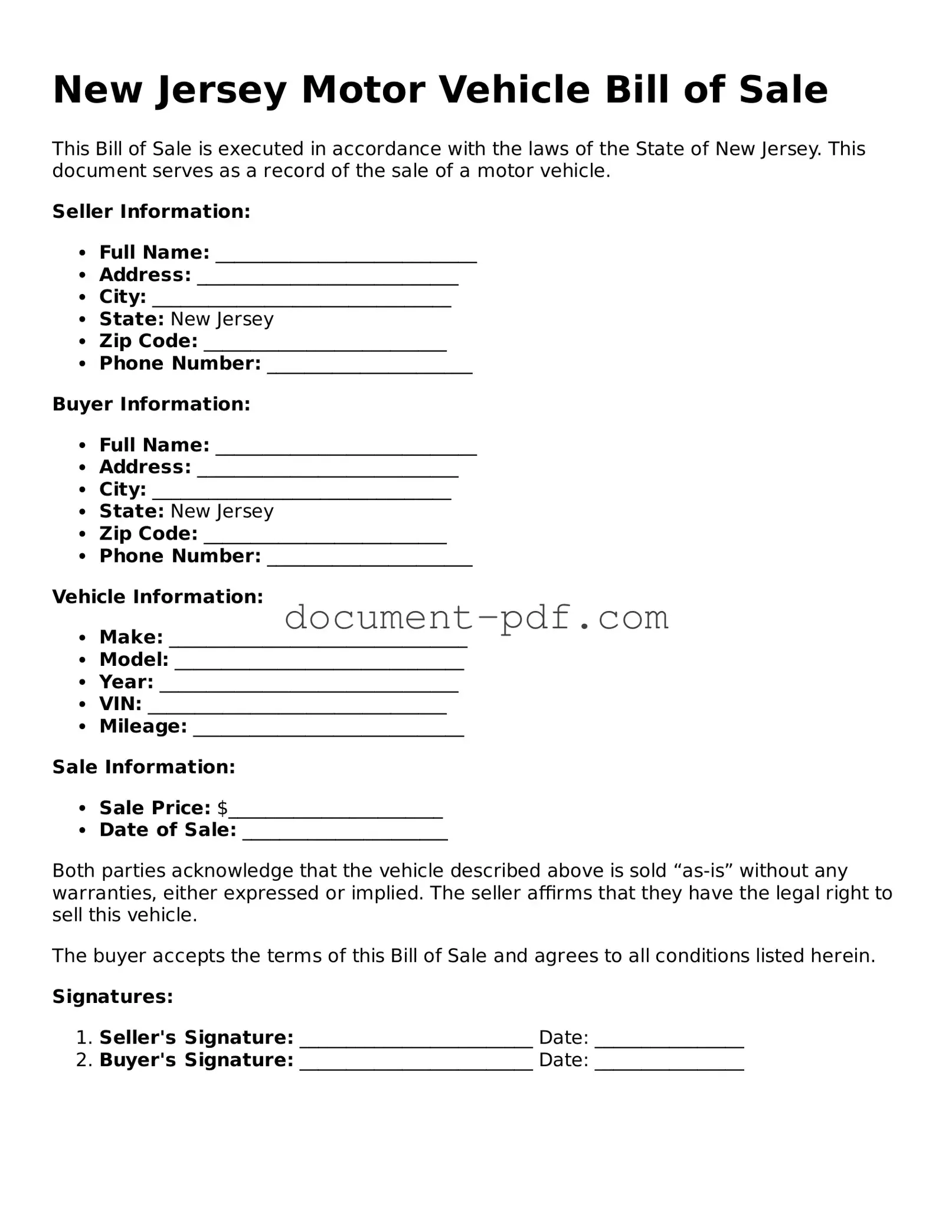 Attorney-Verified New Jersey Motor Vehicle Bill of Sale Template