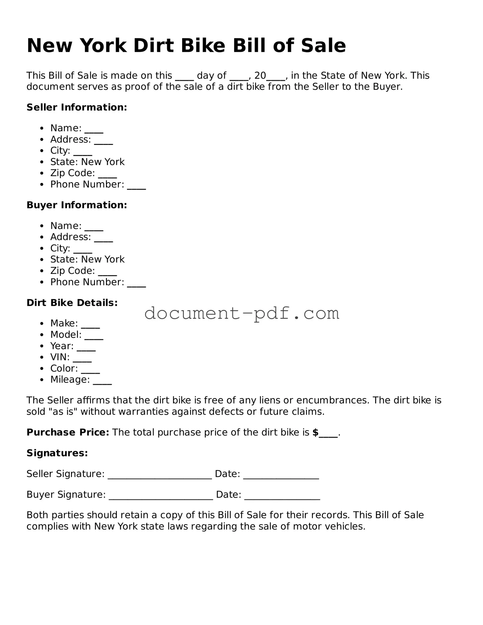 Attorney-Verified New York Dirt Bike Bill of Sale Template