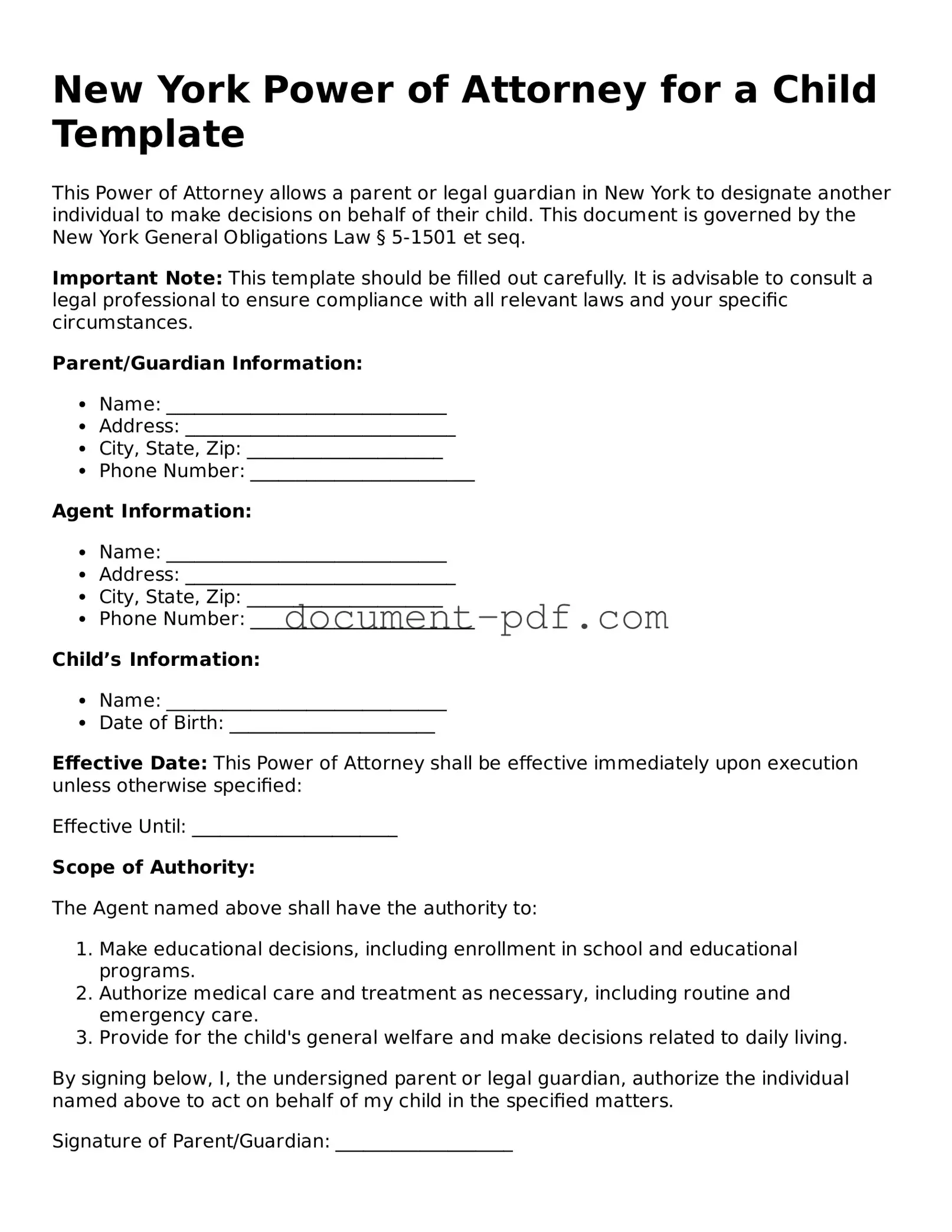 Attorney-Verified New York Power of Attorney for a Child Template