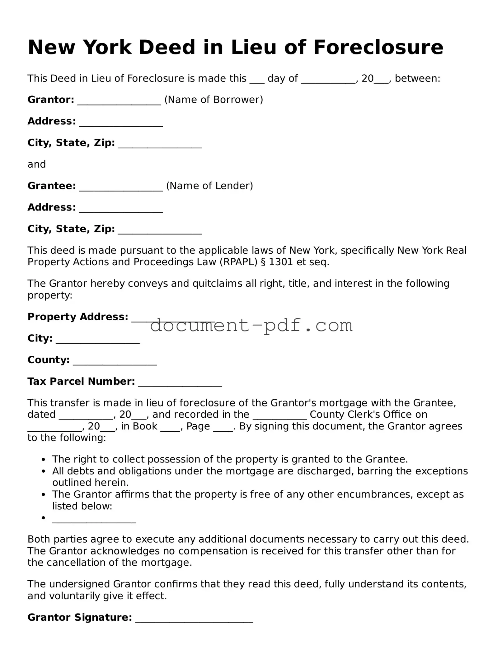 Attorney-Verified New York Deed in Lieu of Foreclosure Template