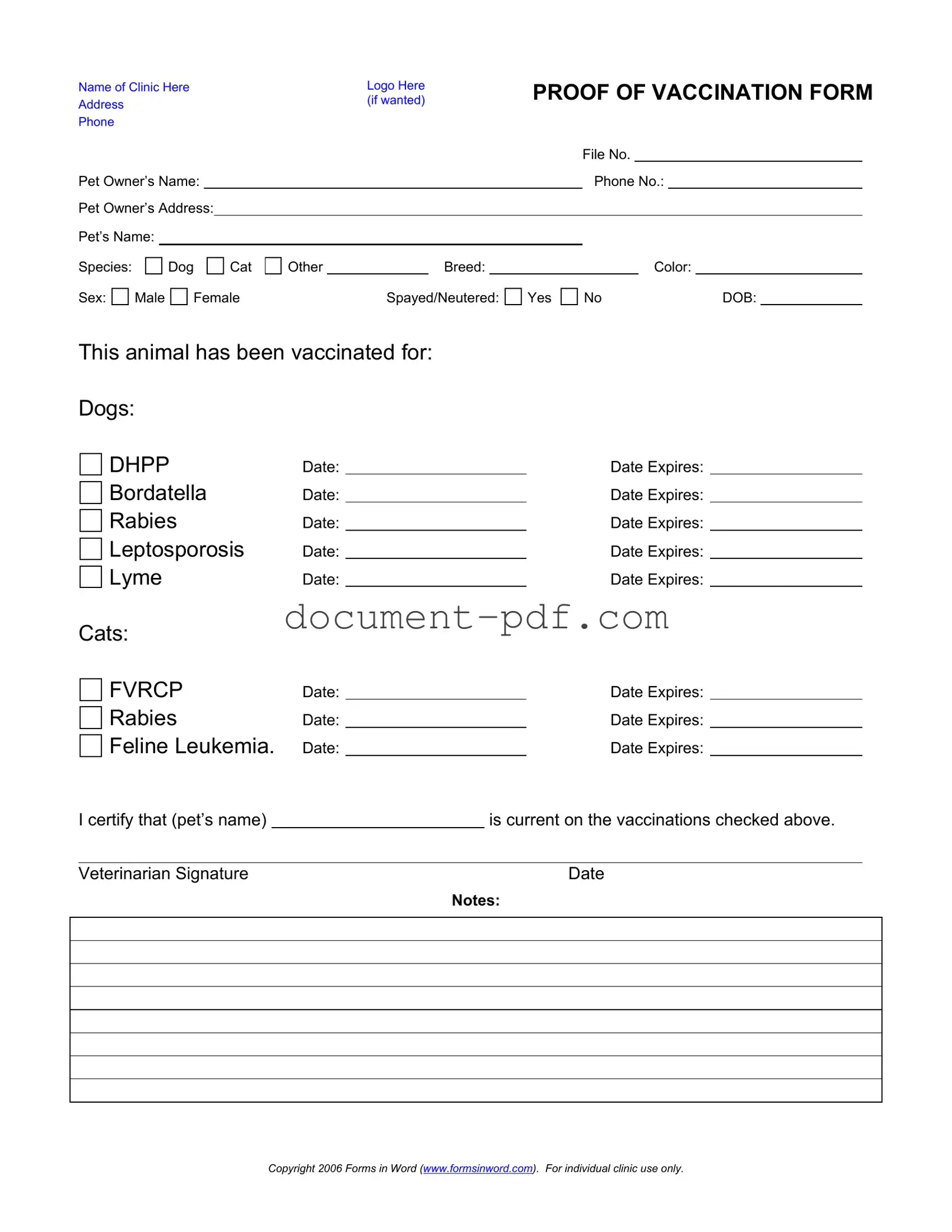 Blank Proof Of Vaccination Dog PDF Form