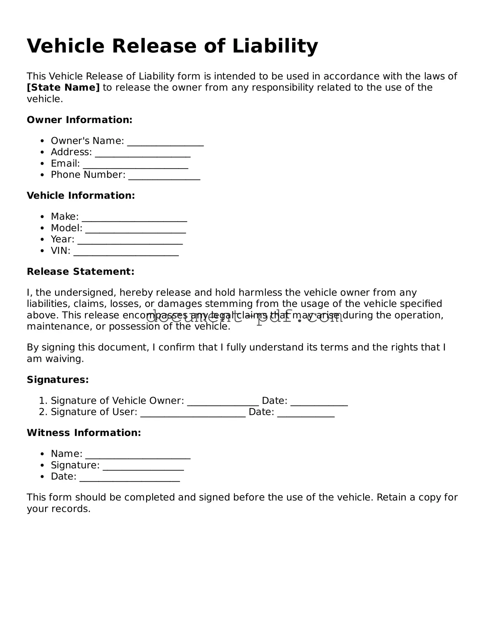 Attorney-Approved Vehicle Release of Liability Document