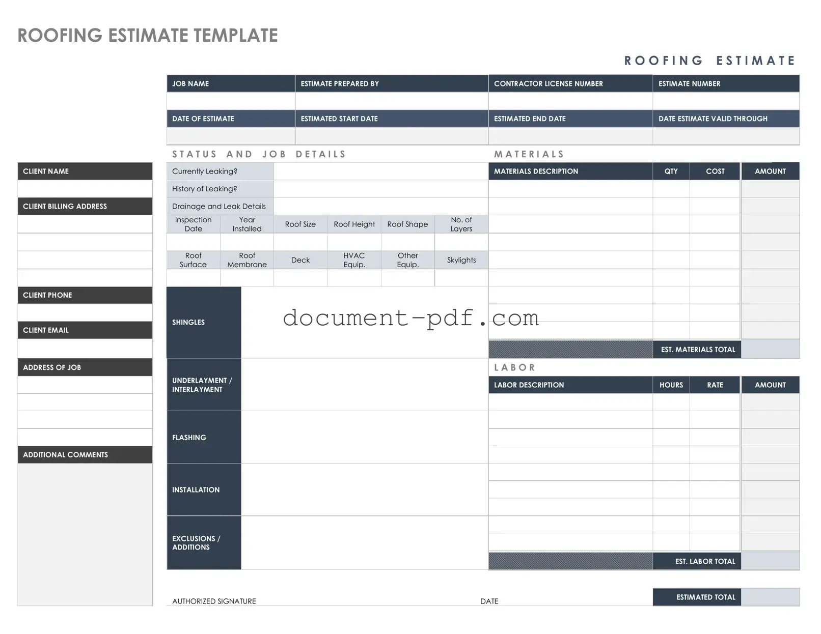 Blank Roofing Estimate PDF Form