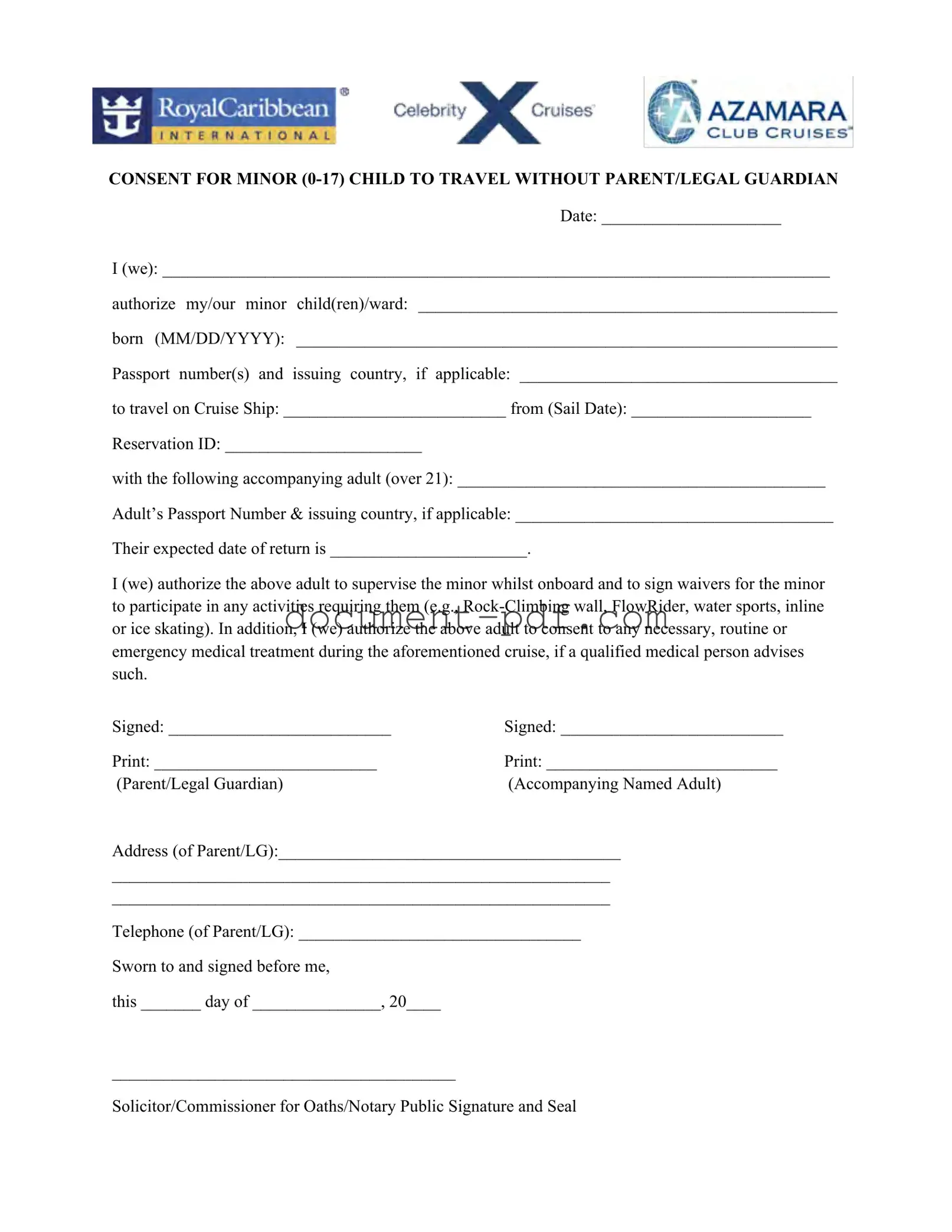 Blank Royal Caribbean Parental Consent PDF Form