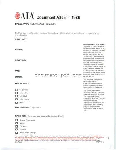 Blank AIA A305 PDF Form