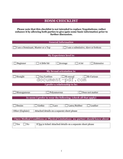 Blank Bdsm Checklist PDF Form
