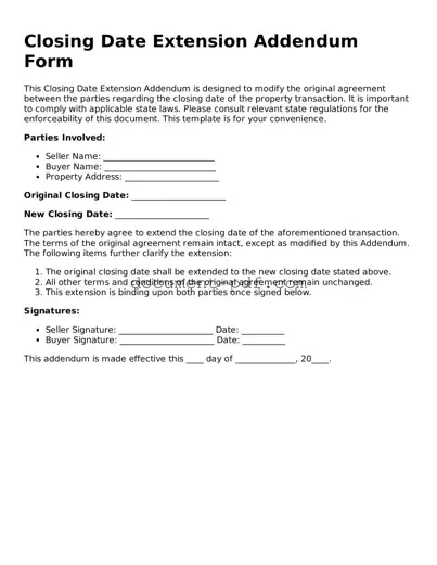 Attorney-Approved Closing Date Extension Addendum Form Document