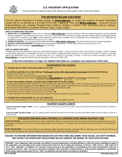 Blank DS-11 U.S. Passport application PDF Form
