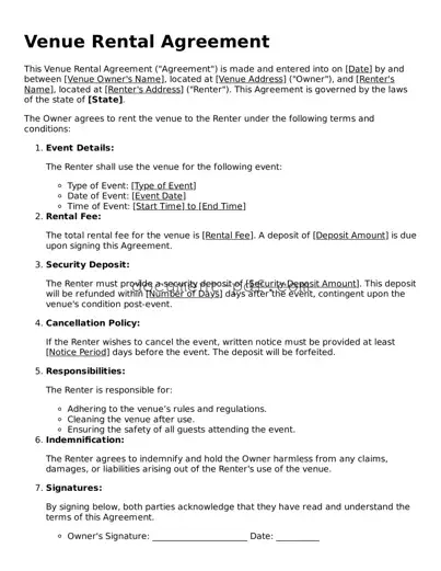 Attorney-Approved Venue Rental Agreement Document