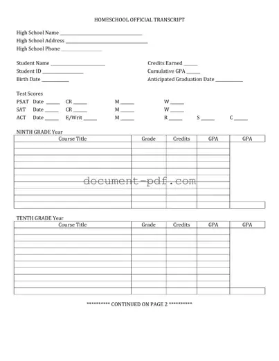 Blank High School Transcript PDF Form