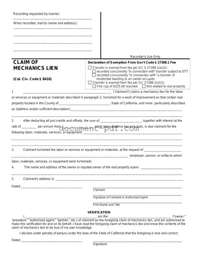 Blank Mechanics Lien California PDF Form