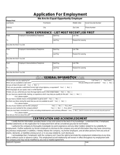 Blank Spanish Application Employment PDF Form