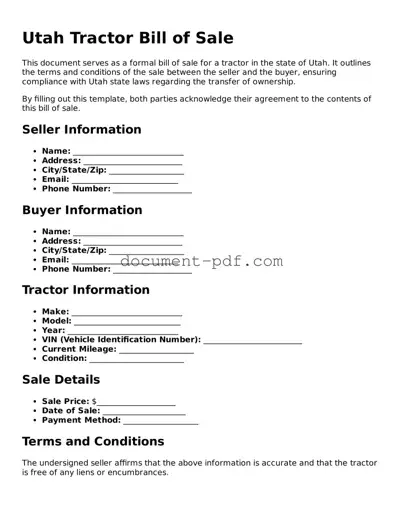 Attorney-Verified Utah Tractor Bill of Sale Template