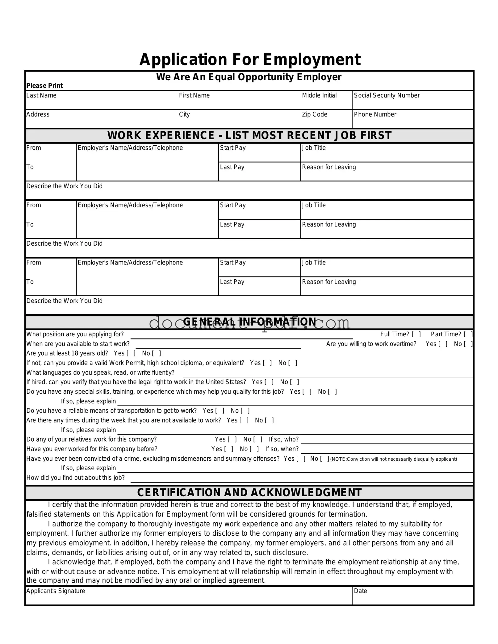Blank Spanish Application Employment PDF Form