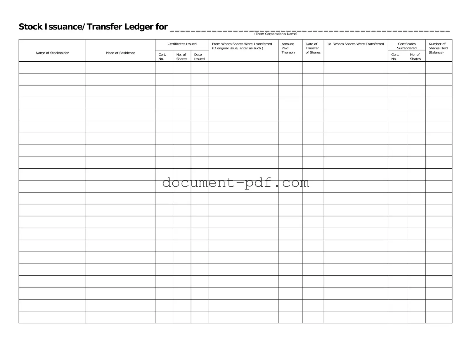 Blank Stock Transfer Ledger PDF Form