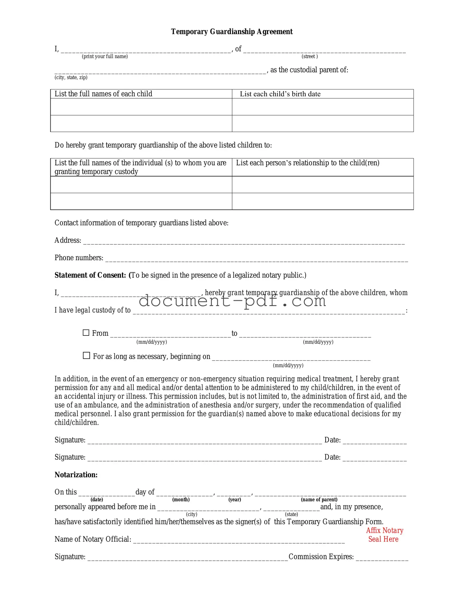 Blank Temporary Custody PDF Form
