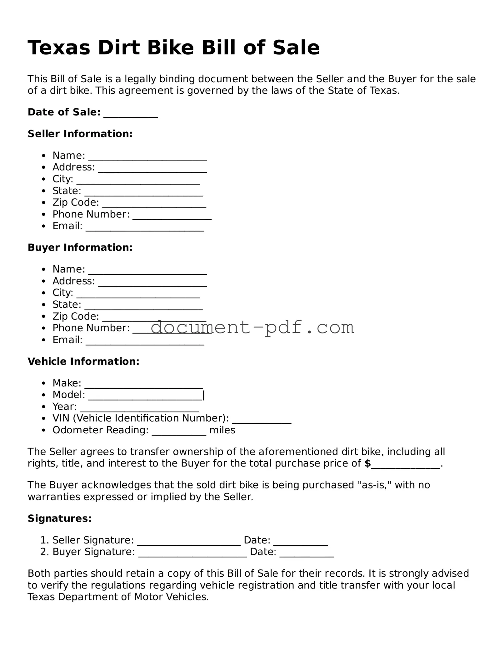 Attorney-Verified Texas Dirt Bike Bill of Sale Template