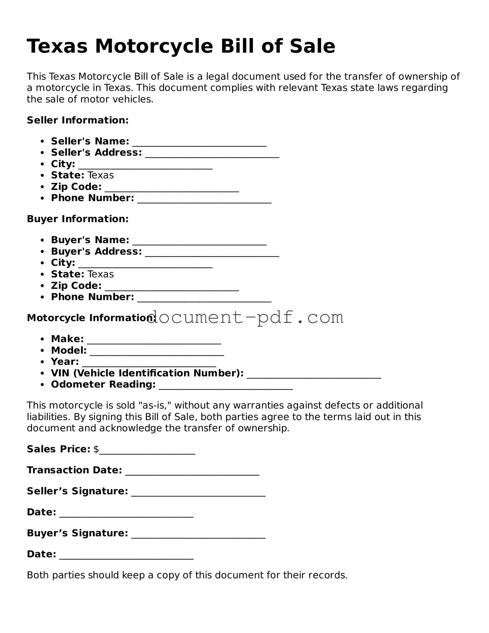Attorney-Verified Texas Motorcycle Bill of Sale Template