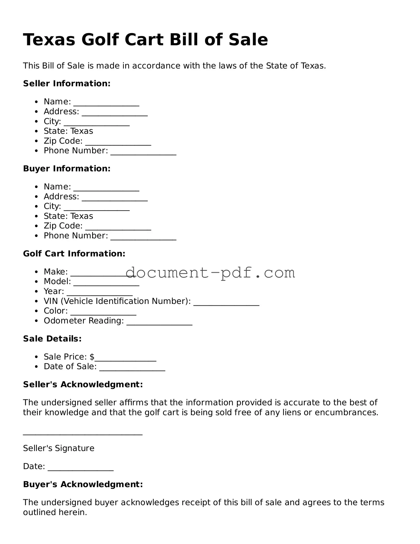 Attorney-Verified Texas Golf Cart Bill of Sale Template