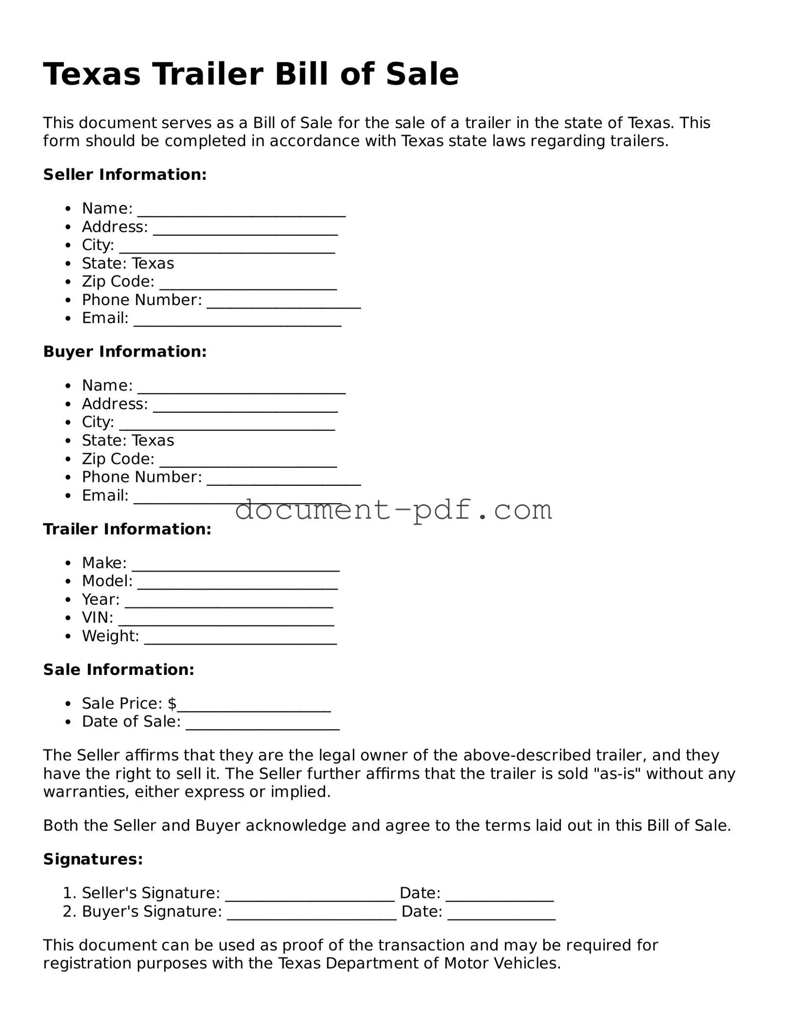 Attorney-Verified Texas Trailer Bill of Sale Template