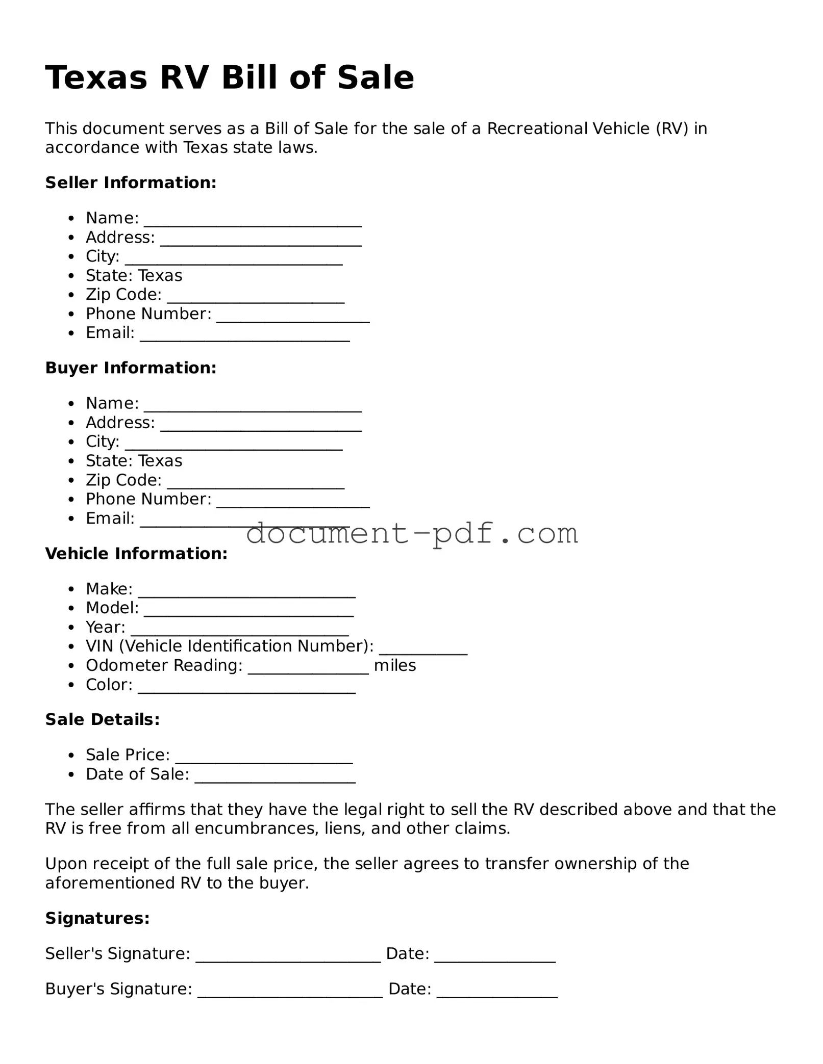 Attorney-Verified Texas RV Bill of Sale Template